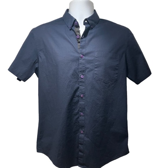 INC International Concepts Short Sleeve Fitted Button Down Shirt Navy Blue Med - Picture 1 of 7